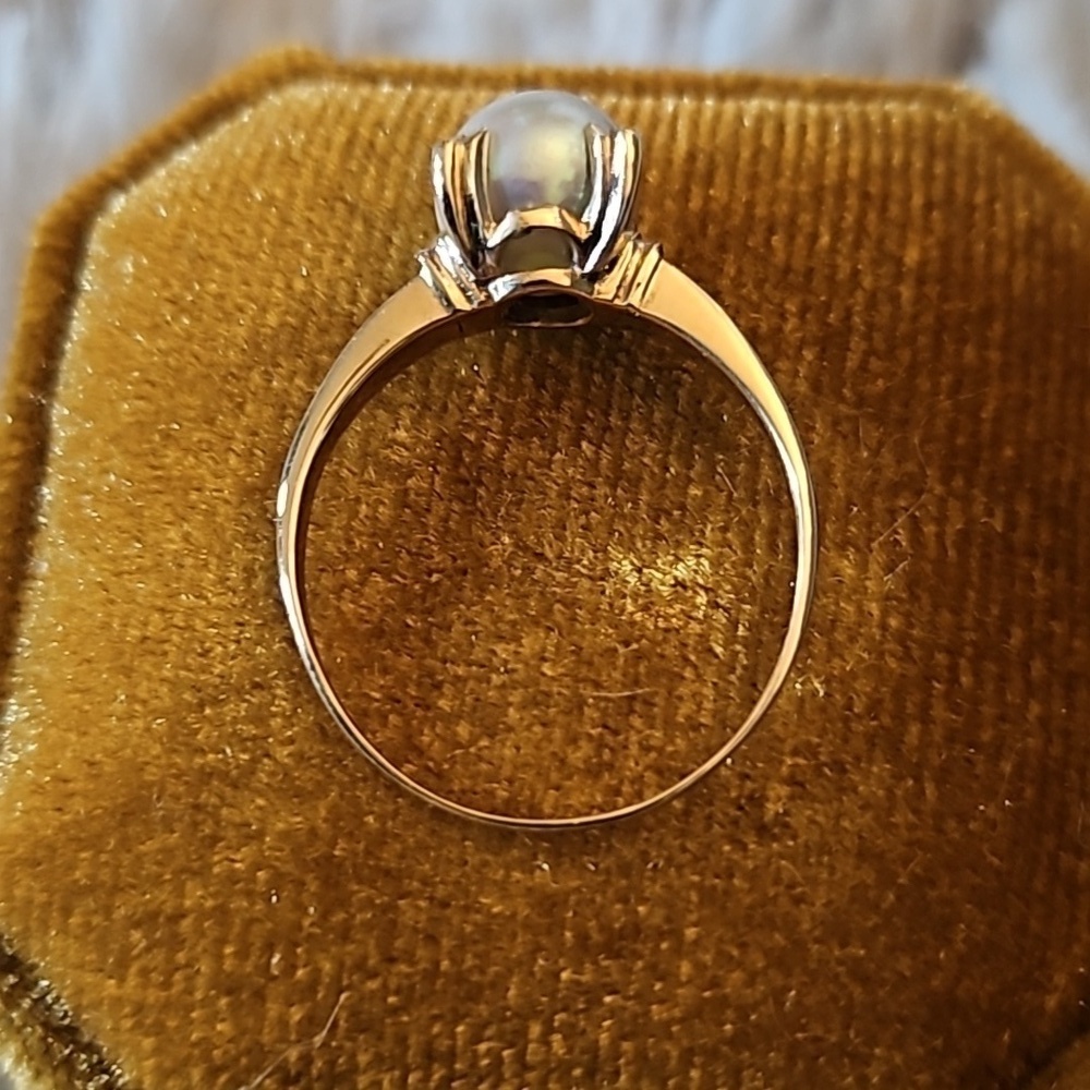 Vintage 1940s Cultured Pearl Ring 14K Yellow Gold Solitaire Setting Orga… - Picture 9 of 12
